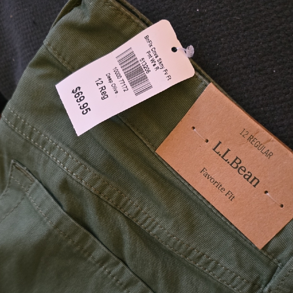 LL Bean Flex Canvas Utility Pant Olive Green SKINNY LEG Size 12 Large L NWT